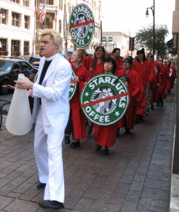 Even Reverend Billy and the gospel choir made it all the way from New York to protest Starbucks.